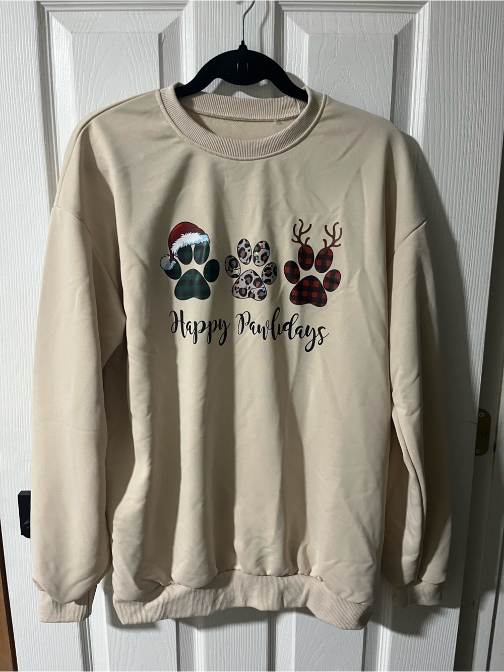 Happy Pawlidays Christmas Dog Paw Print Crewneck Sweatshirt Beige Large